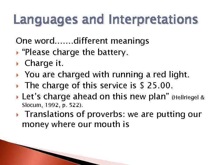 Languages and Interpretations One word……. different meanings “Please charge the battery. Charge it. You