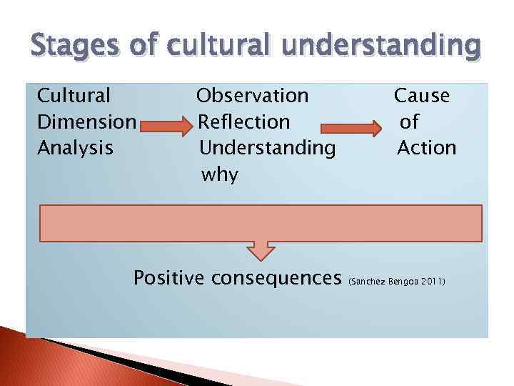 Stages of cultural understanding Cultural Dimension Analysis Observation Reflection Understanding why Positive consequences Cause