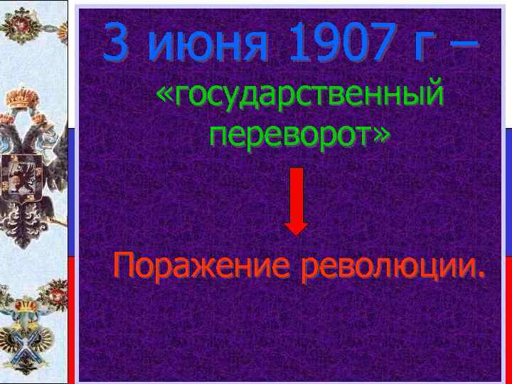 3 июня 1907 г – «государственный переворот» Поражение революции. 