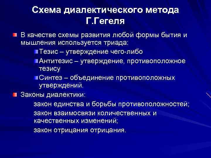 Схема диалектического метода Г. Гегеля В качестве схемы развития любой формы бытия и мышления