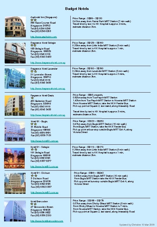 Budget Hotels Asphodel Inn (Singapore) 380 Race Course Road Singapore 218702 Tel: (65) 6296