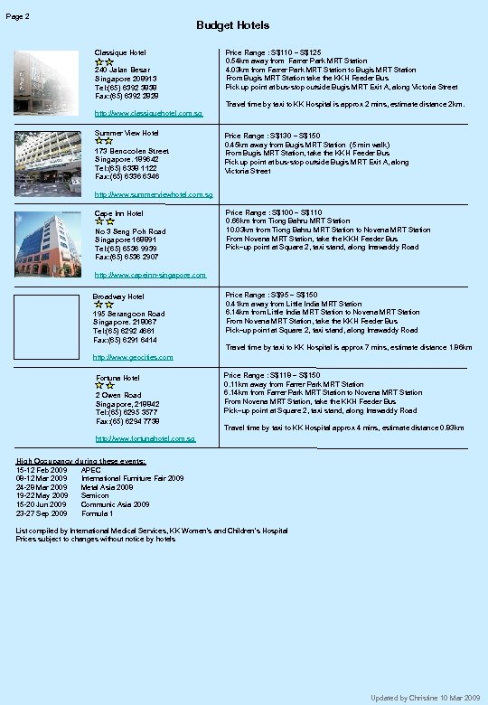 Page 2 Budget Hotels Classique Hotel 240 Jalan Besar Singapore 208913 Tel: (65) 6392