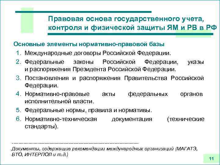 Правовая основа государственного учета, контроля и физической защиты ЯМ и РВ в РФ Основные