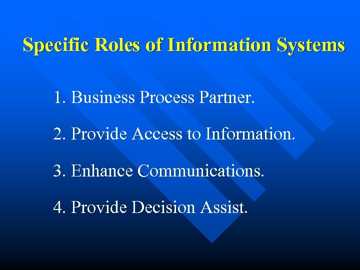 Specific Roles of Information Systems 1. Business Process Partner. 2. Provide Access to Information.