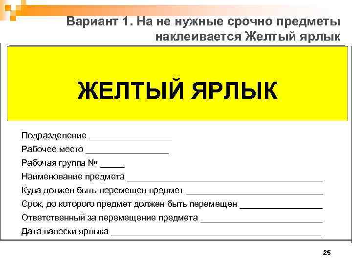 Вариант 1. На не нужные срочно предметы наклеивается Желтый ярлык ЖЕЛТЫЙ ЯРЛЫК Подразделение _________