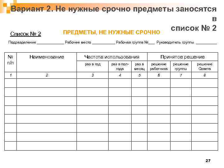Вариант 2. Не нужные срочно предметы заносятся в список № 2 ПРЕДМЕТЫ, НЕ НУЖНЫЕ