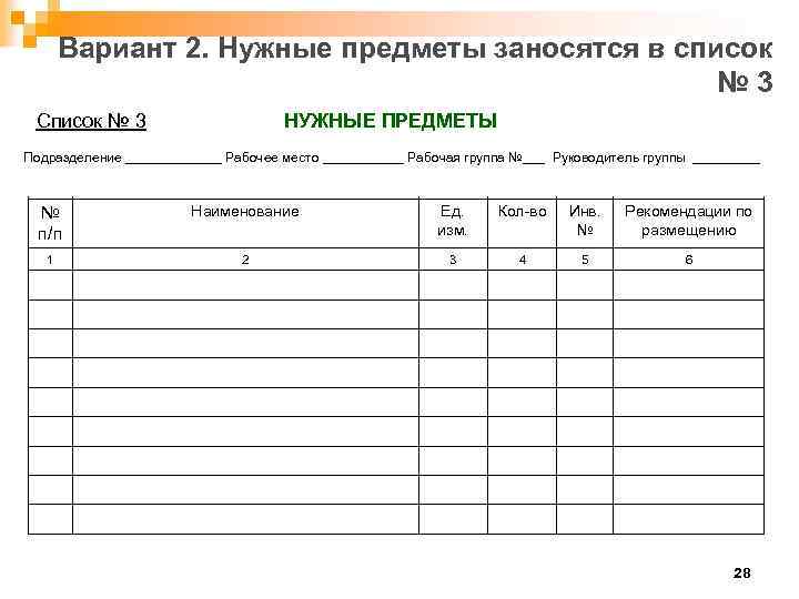 Вариант 2. Нужные предметы заносятся в список № 3 Список № 3 НУЖНЫЕ ПРЕДМЕТЫ