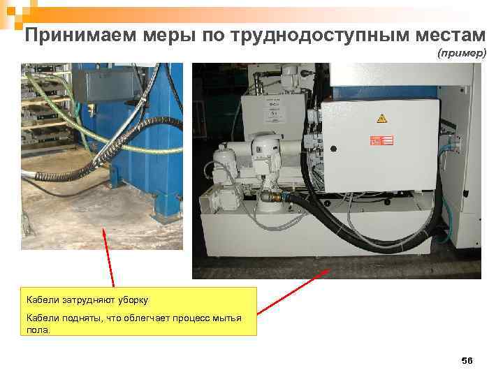 Принимаем меры по труднодоступным местам (пример) Кабели затрудняют уборку Кабели подняты, что облегчает процесс