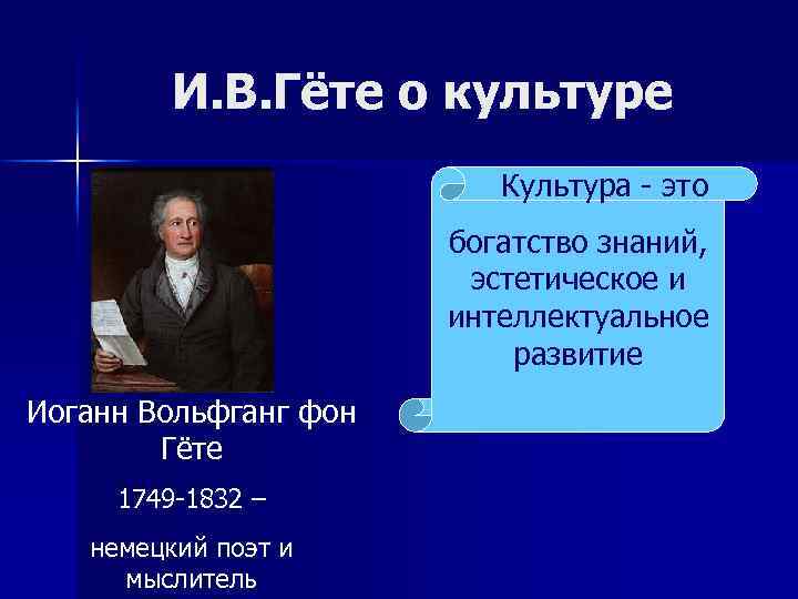 И. В. Гёте о культуре Культура - это богатство знаний, эстетическое и интеллектуальное развитие