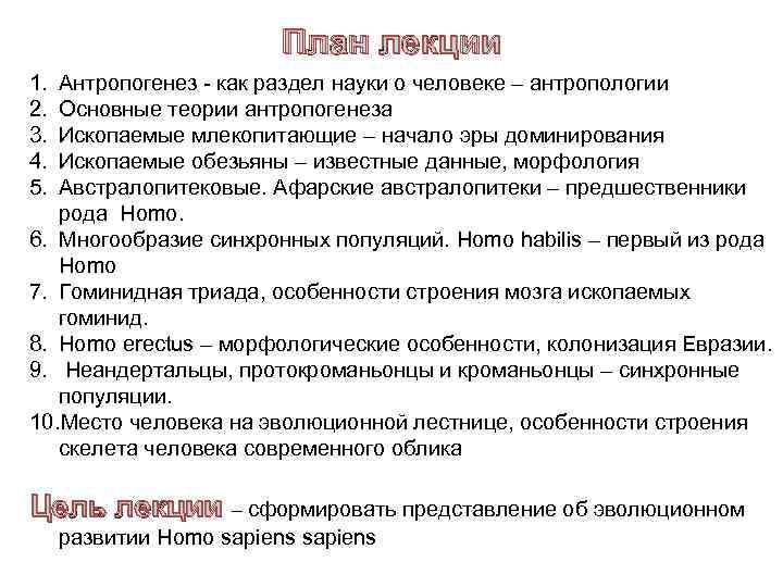 План лекции 1. 2. 3. 4. 5. Антропогенез - как раздел науки о человеке