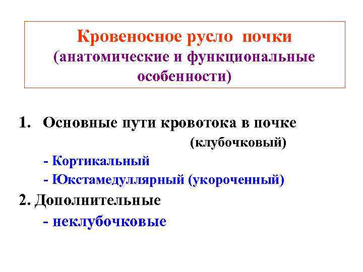 Кровеносное русло почки (анатомические и функциональные особенности) 1. Основные пути кровотока в почке (клубочковый)