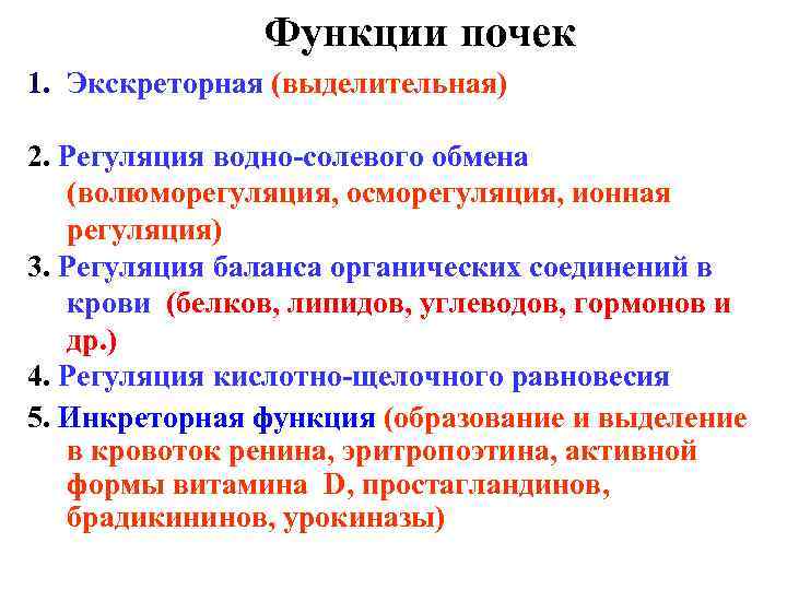 Функции почек 1. Экскреторная (выделительная) 2. Регуляция водно-солевого обмена (волюморегуляция, осморегуляция, ионная регуляция) 3.