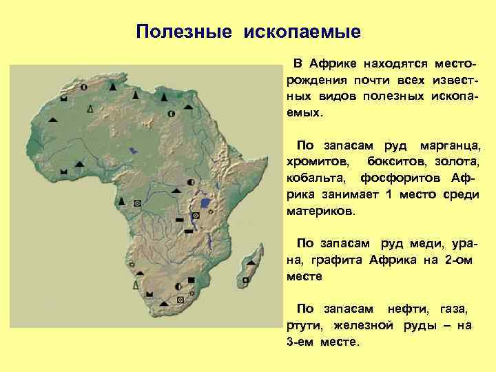 Полезные ископаемые В Африке находятся месторождения почти всех известных видов полезных ископаемых. По запасам