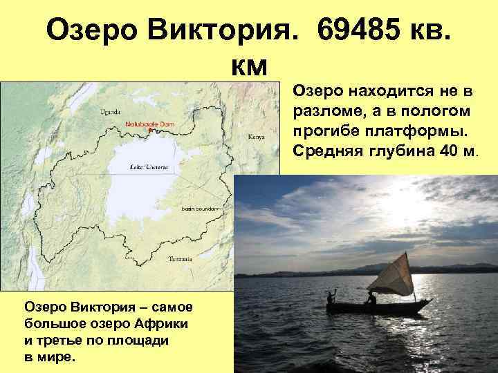 Озеро Виктория. 69485 кв. км Озеро находится не в разломе, а в пологом прогибе