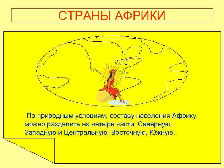 СТРАНЫ АФРИКИ По природным условиям, составу населения Африку можно разделить на четыре части: Северную,