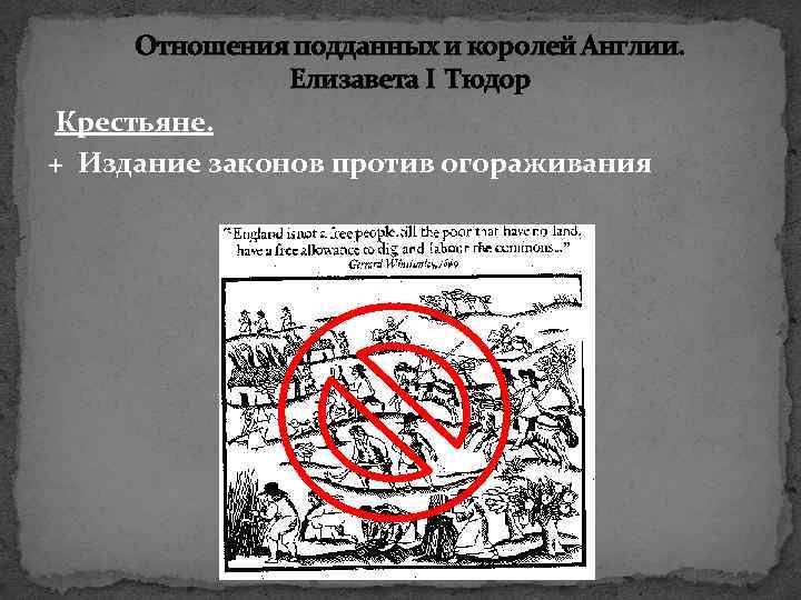 Отношения подданных и королей Англии. Елизавета I Тюдор Крестьяне. + Издание законов против огораживания