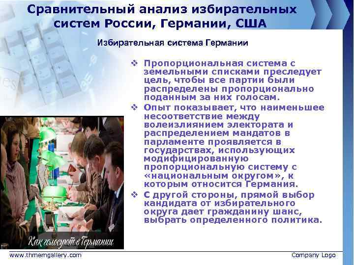 Сравнительный анализ избирательных систем России, Германии, США Избирательная система Германии v Пропорциональная система с