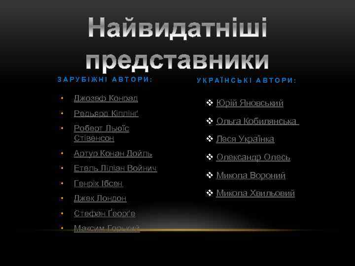 ЗАРУБІЖНІ АВТОРИ: • Джозеф Конрад • Редьярд Кіплінґ • Роберт Льюїс Стівенсон • Артур