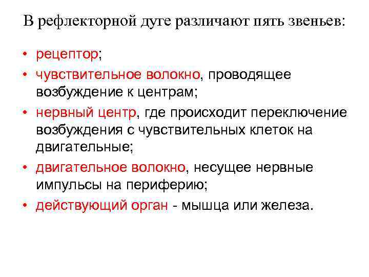 В рефлекторной дуге различают пять звеньев: • рецептор; • чувствительное волокно, проводящее возбуждение к