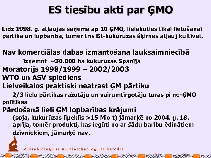 ES tiesību akti par ĢMO Līdz 1998. g. atļaujas saņēma ap 10 ĢMO, lielākoties