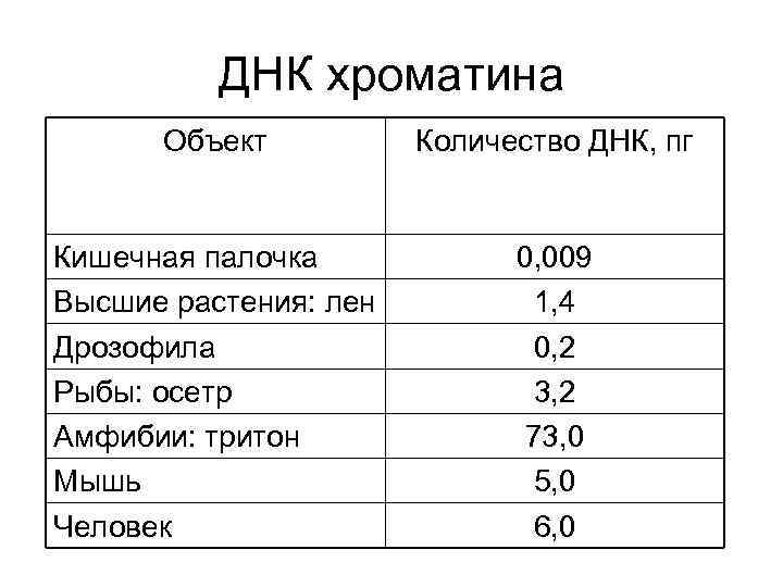 ДНК хроматина Объект Количество ДНК, пг Кишечная палочка Высшие растения: лен Дрозофила Рыбы: осетр