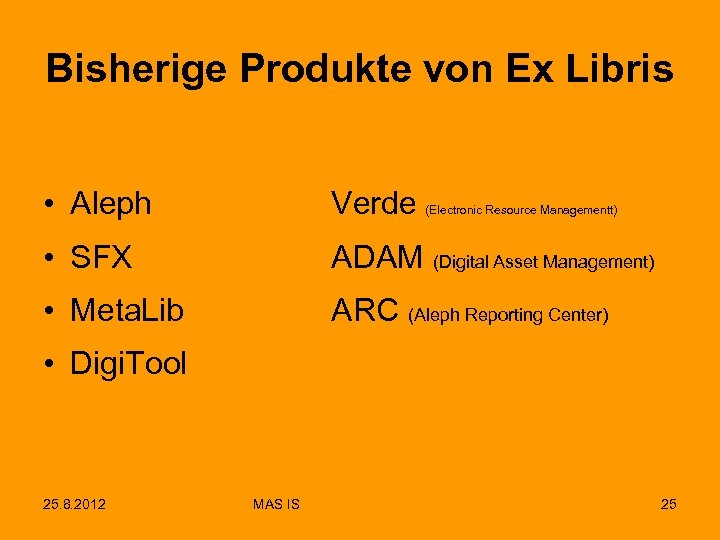 Bisherige Produkte von Ex Libris • Aleph Verde • SFX ADAM (Digital Asset Management)