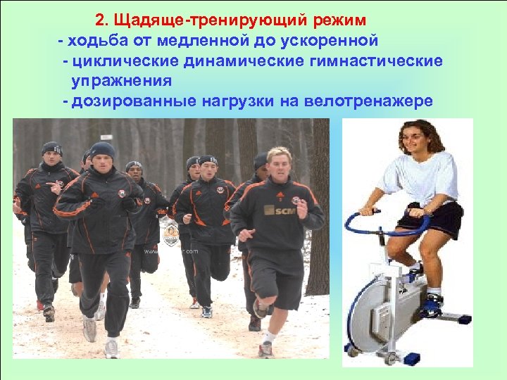 2. Щадяще-тренирующий режим - ходьба от медленной до ускоренной - циклические динамические гимнастические упражнения