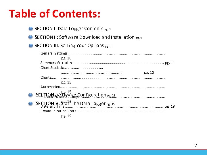Table of Contents: SECTION I: Data Logger Contents pg. 3 SECTION II: Software Download