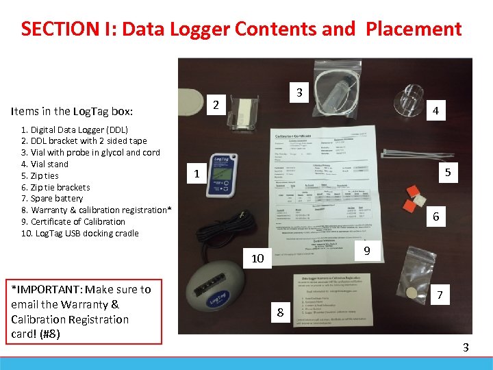 SECTION I: Data Logger Contents and Placement 2 Items in the Log. Tag box: