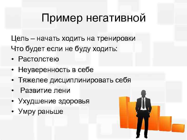 Пример негативной Цель – начать ходить на тренировки Что будет если не буду ходить: