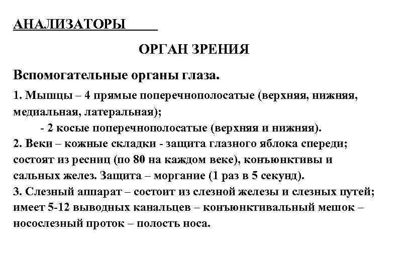 АНАЛИЗАТОРЫ ОРГАН ЗРЕНИЯ Вспомогательные органы глаза. 1. Мышцы – 4 прямые поперечнополосатые (верхняя, нижняя,