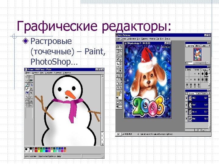 Графические редакторы: Растровые (точечные) – Paint, Photo. Shop… 