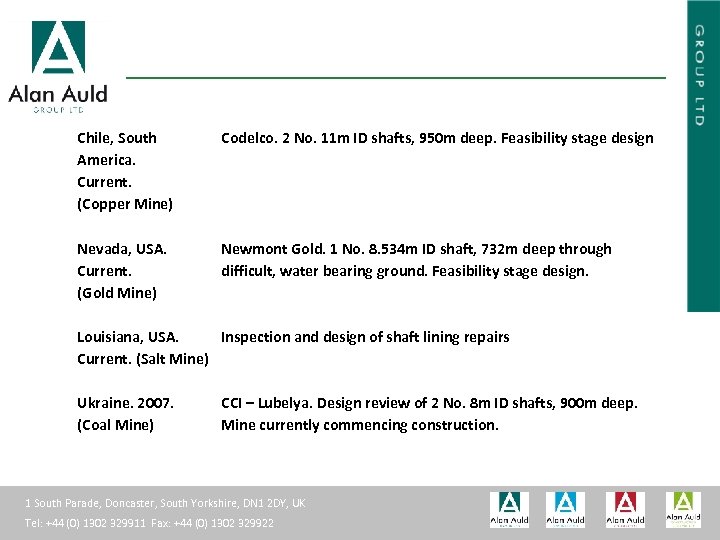 ALAN AULD ENGINEERING Chile, South America. Current. (Copper Mine) Nevada, USA. Current. (Gold Mine)