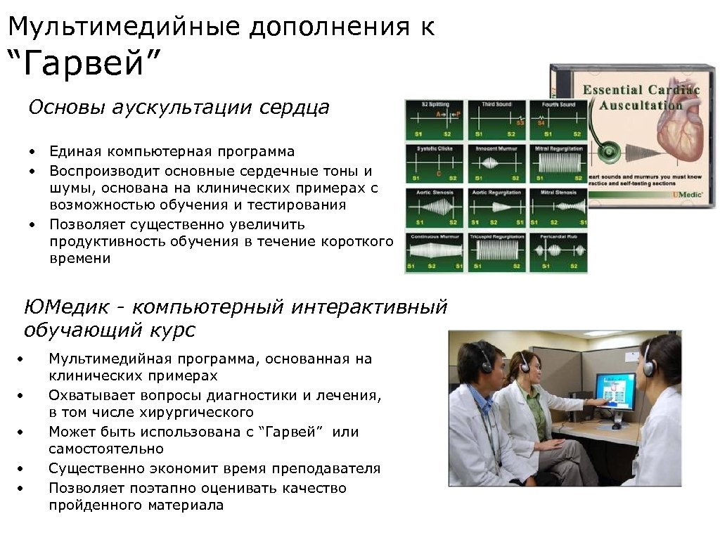 Мультимедийные дополнения к “Гарвей” Основы аускультации сердца • Единая компьютерная программа • Воспроизводит основные