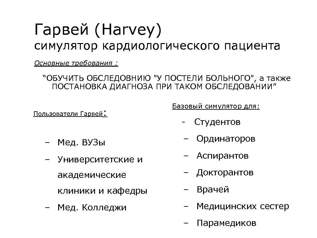 Гарвей (Harvey) симулятор кардиологического пациента Основные требования : “ОБУЧИТЬ ОБСЛЕДОВНИЮ "У ПОСТЕЛИ БОЛЬНОГО", а