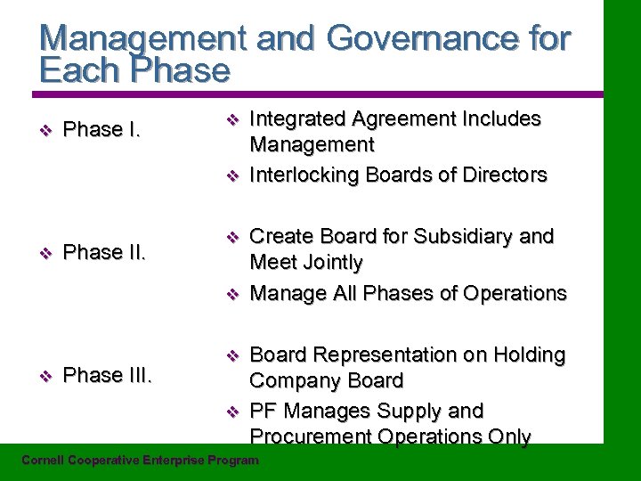 Management and Governance for Each Phase v Phase I. v v v Phase III.