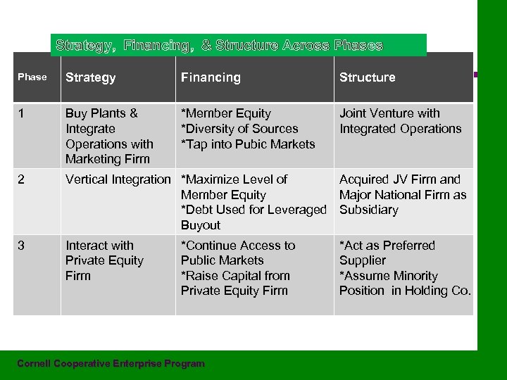 Strategy, Financing, & Structure Across Phase Strategy Financing Structure 1 Buy Plants & Integrate