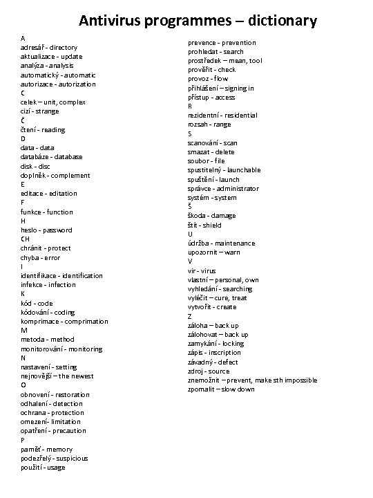 Antivirus programmes – dictionary A adresář - directory aktualizace - update analýza - analysis