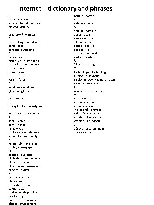 Internet – dictionary and phrases A adresa – address adresa internetová – link aktivita
