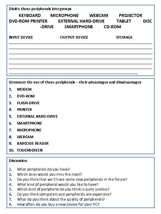 Divide these peripherals into groups KEYBOARD MICROPHONE WEBCAM PROJECTOR DVD-ROM PRINTER EXTERNAL HARD-DRIVE TABLET