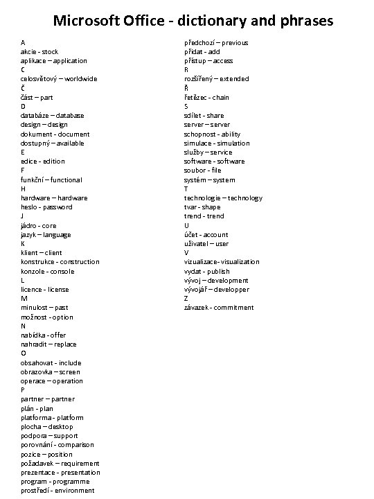 Microsoft Office - dictionary and phrases A akcie - stock aplikace – application C
