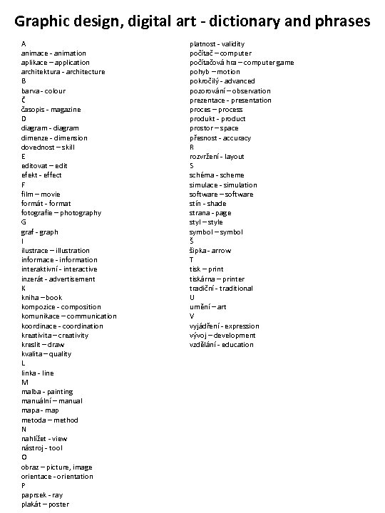 Graphic design, digital art - dictionary and phrases A animace - animation aplikace –