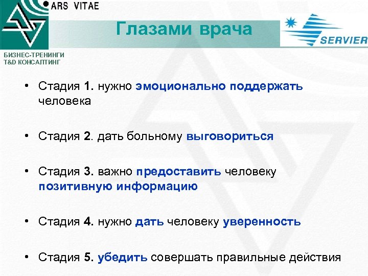 Глазами врача БИЗНЕС-ТРЕНИНГИ T&D КОНСАЛТИНГ • Стадия 1. нужно эмоционально поддержать человека • Стадия