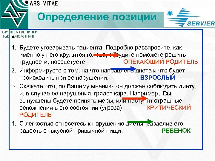 Определение позиции БИЗНЕС-ТРЕНИНГИ T&D КОНСАЛТИНГ • 1. Будете уговаривать пациента. Подробно расспросите, как именно