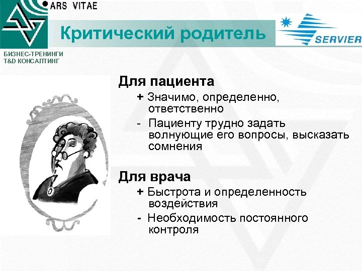 Критический родитель БИЗНЕС-ТРЕНИНГИ T&D КОНСАЛТИНГ Для пациента + Значимо, определенно, ответственно - Пациенту трудно
