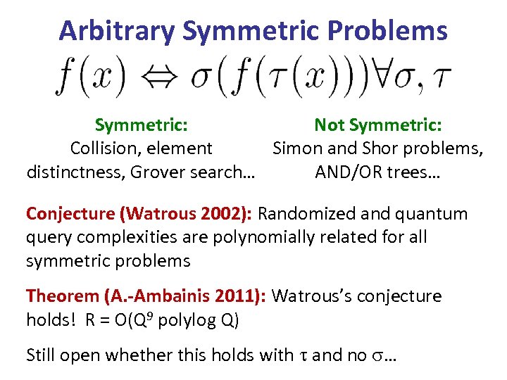 Arbitrary Symmetric Problems Symmetric: Not Symmetric: Collision, element Simon and Shor problems, distinctness, Grover