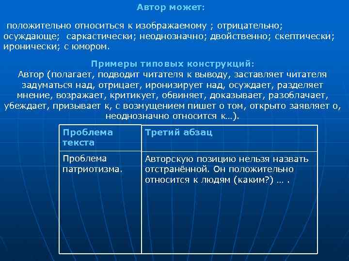 Автор может: положительно относиться к изображаемому ; отрицательно; осуждающе; саркастически; неоднозначно; двойственно; скептически; иронически;