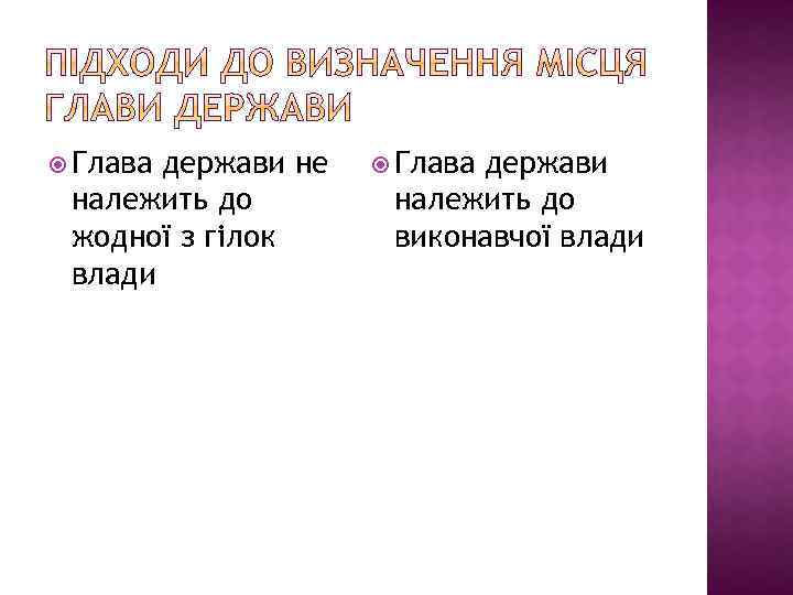  Глава держави не належить до жодної з гілок влади Глава держави належить до