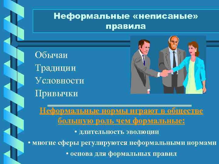 Неформальные «неписаные» правила Обычаи Традиции Условности Привычки Неформальные нормы играют в обществе большую роль