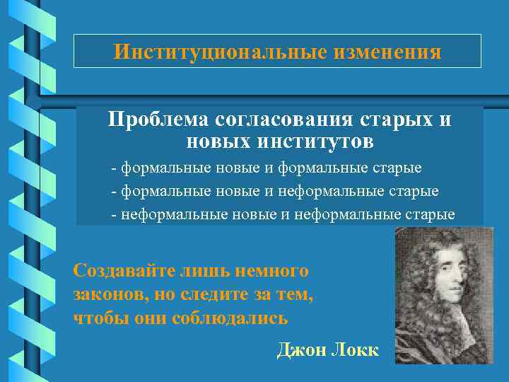 Институциональные изменения Проблема согласования старых и новых институтов - формальные новые и формальные старые